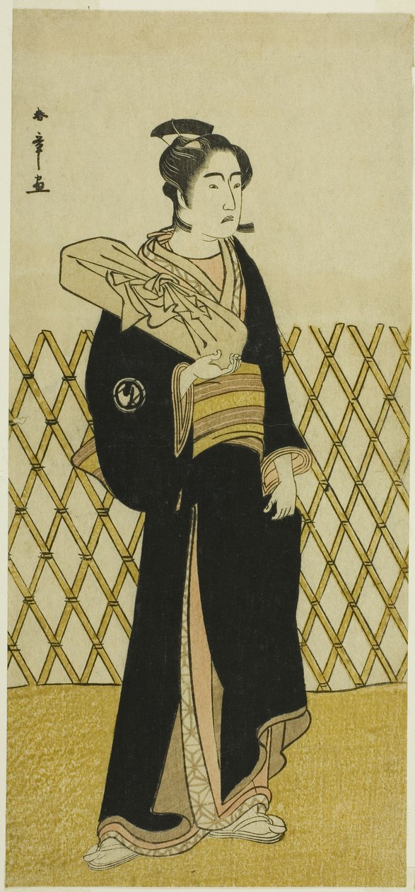 De acteur Sawamura Sojuro III als de kapper Jirokichi in het stuk Shida Choja-bashira, uitgevoerd in het Nakamura Theater in de achtste maand, 1781 door Katsukawa Shunsho