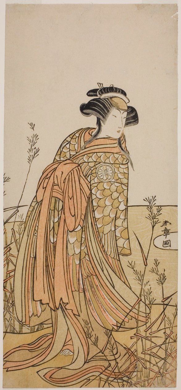 De acteur Segawa Kikunojo III als geest van een mandarijneend (Oshidori) vermomd als Tagasode, in het stuk Hana-zumo Genji Hiiki, uitgevoerd in het Nakamura Theater in de elfde maand, 1775 door Katsukawa Shunsho