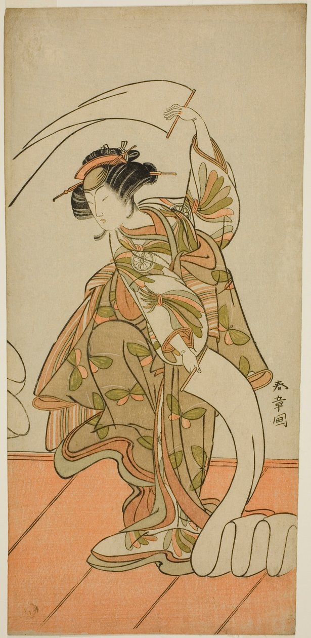 De acteur Segawa Kikunojo III als de courtisane Kisegawa in een "Nuno Sarashi" dans, in het stuk Hana-zumo Genji Hiiki, uitgevoerd in het Nakamura Theater in de elfde maand, 1775 door Katsukawa Shunsho