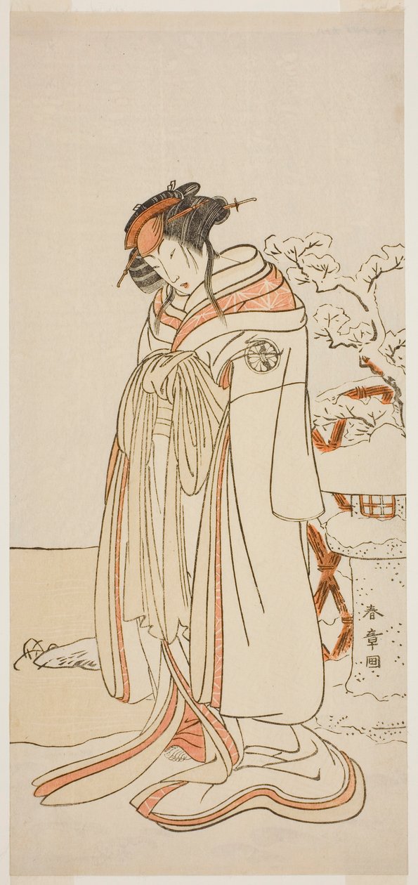 De Acteur Segawa Kikunojo III als de Courtisane Kisewata (Tagasode) (?) in het Toneelstuk Hana-zumo Genji Hiiki (?), Opgevoerd in het Nakamura Theater (?) in de Elfde Maand, 1775 (?) door Katsukawa Shunsho