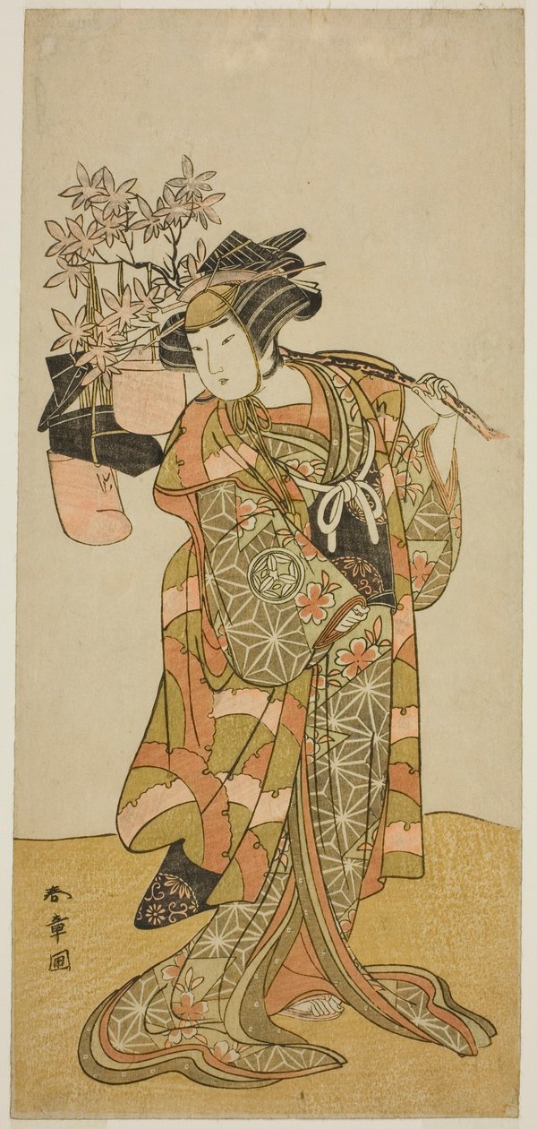 De acteur Yamashita Kinsaku II als Odai, een Eboshi (hoed) verkoper, in het stuk Hana-zumo Genji Hiiki, uitgevoerd in het Nakamura Theater in de elfde maand, 1775 door Katsukawa Shunsho