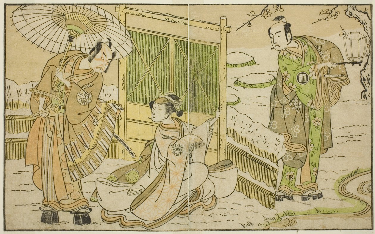 De acteurs Arashi Sangoro II als Minamoto no Yoritomo (rechts), Segawa Kikunojo II als Yuki Onna (midden), en Ichimura Uzaemon IX als Kajiwara Genta no Kagetoki, in het toneelstuk Myoto-giku Izu no Kisewata, uitgevoerd in het Ichimura Theater in de elfde m door Katsukawa Shunsho