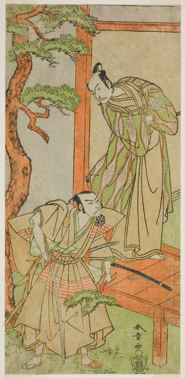 De acteurs Ichikawa Danjuro V als Momonoi Wakasanosuke (rechts) en Nakamura Nakazo I als Kakogawa Honzo (links), in het stuk Kanadehon Chushingura, uitgevoerd in het Nakamura Theater in de vijfde maand, 1771 door Katsukawa Shunsho