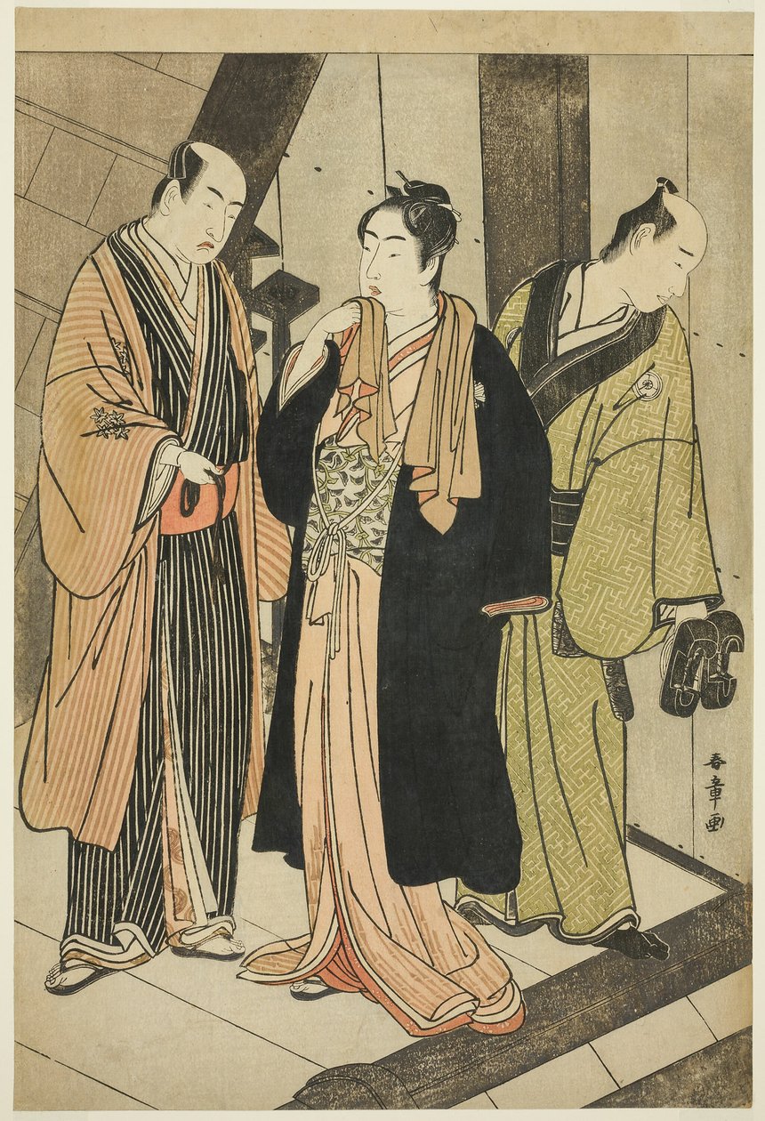 De Acteurs Ichikawa Monnosuke II (links), Iwai Hanshiro IV (midden), en Iwai Karumo (?) (rechts), op een landingsplaats achter de schermen door Katsukawa Shunsho