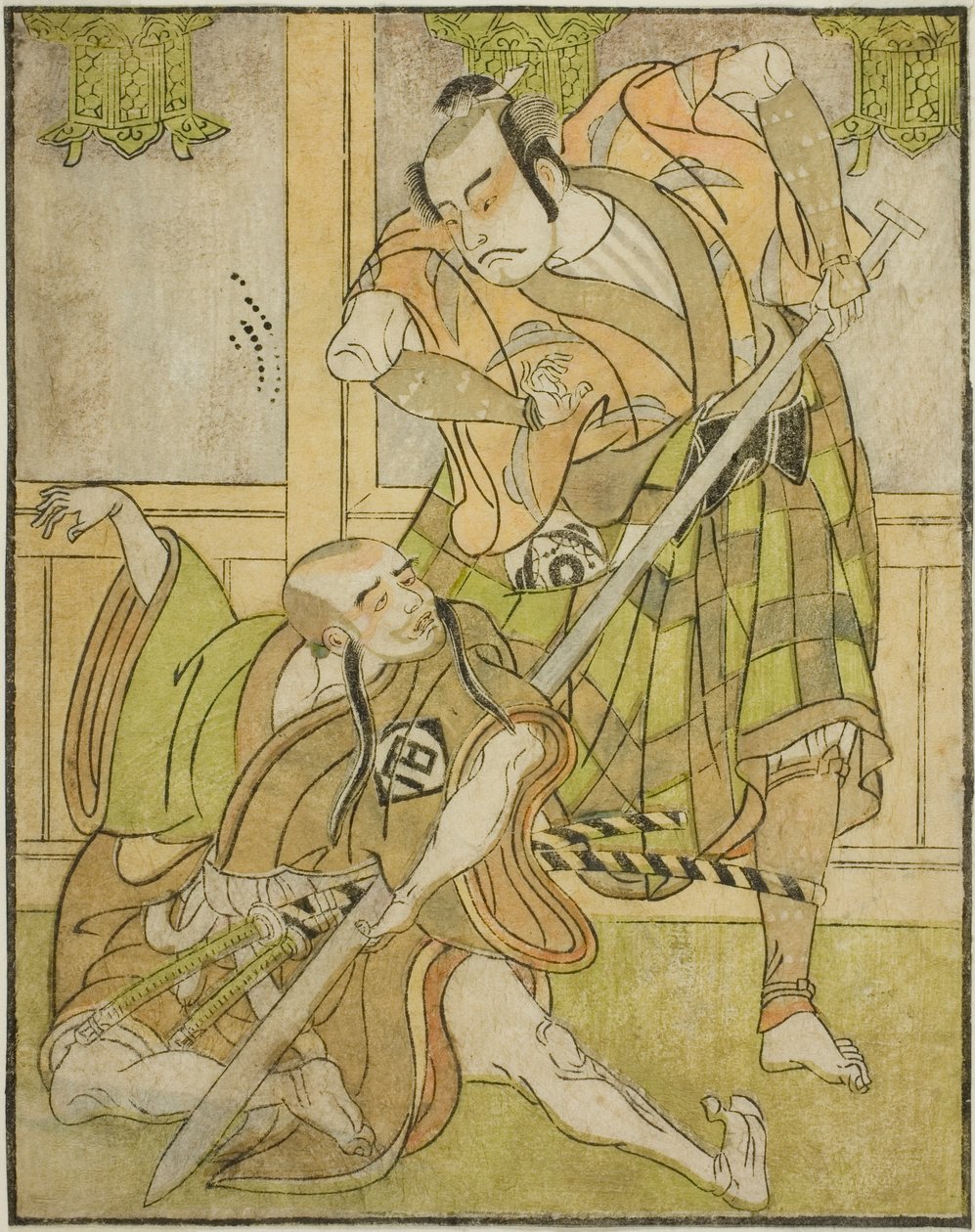 De acteurs Kasaya Matakuro II als Nobuyori vermomd als de Yakko Gunnai (rechts), en Miyazaki Hachizo als de lekenmonnik Hambyo Nyudo (links), in het stuk Nue no Mori Ichiyo no Mato, uitgevoerd in het Nakamura Theater in de elfde maand, 1770 door Katsukawa Shunsho