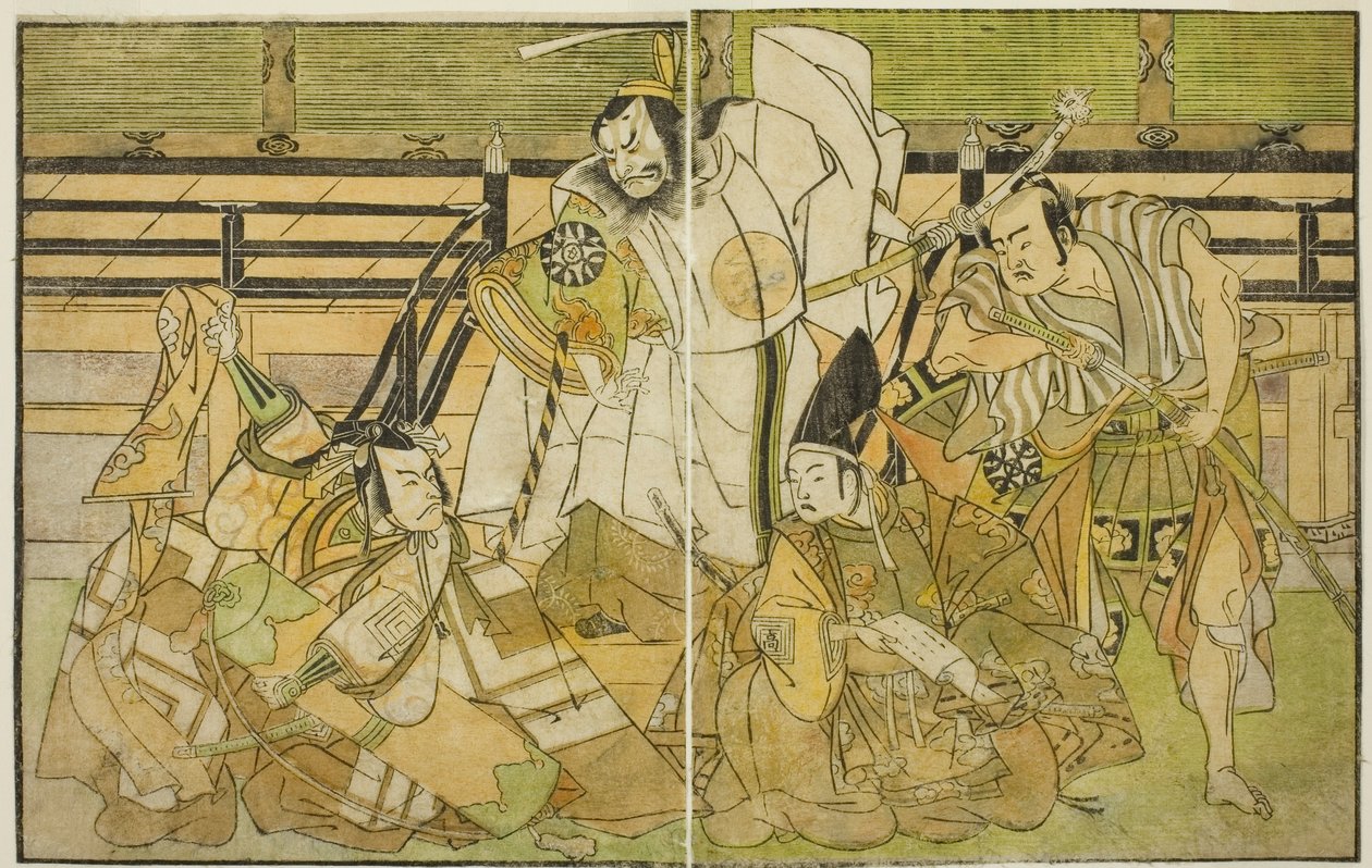 De acteurs Nakamura Denkuro II als Seno-o Taro, Ichikawa Komazo II als Yorimasa, Nakamura Nakazo I als Taira no Kiyomori, en Ichikawa Danjuro V als Kiou Takiguchi (van rechts naar links), in het stuk Nue no Mori Ichiyo no Mato, uitgevoerd in het Nakamura T door Katsukawa Shunsho
