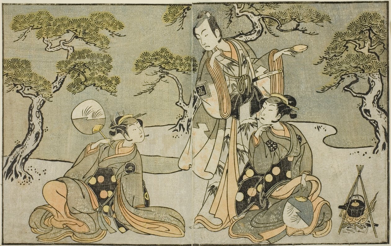De acteurs Nakamura Nakazo I als Matsukaze (rechts), Ichikawa Komazo II als Ariwara no Yukihira (midden), en Iwai Hanshiro IV als Murasame (links), in het stuk Kuni no Hana Ono no Itsumoji, opgevoerd in het Nakamura Theater in de elfde maand, 1771 door Katsukawa Shunsho