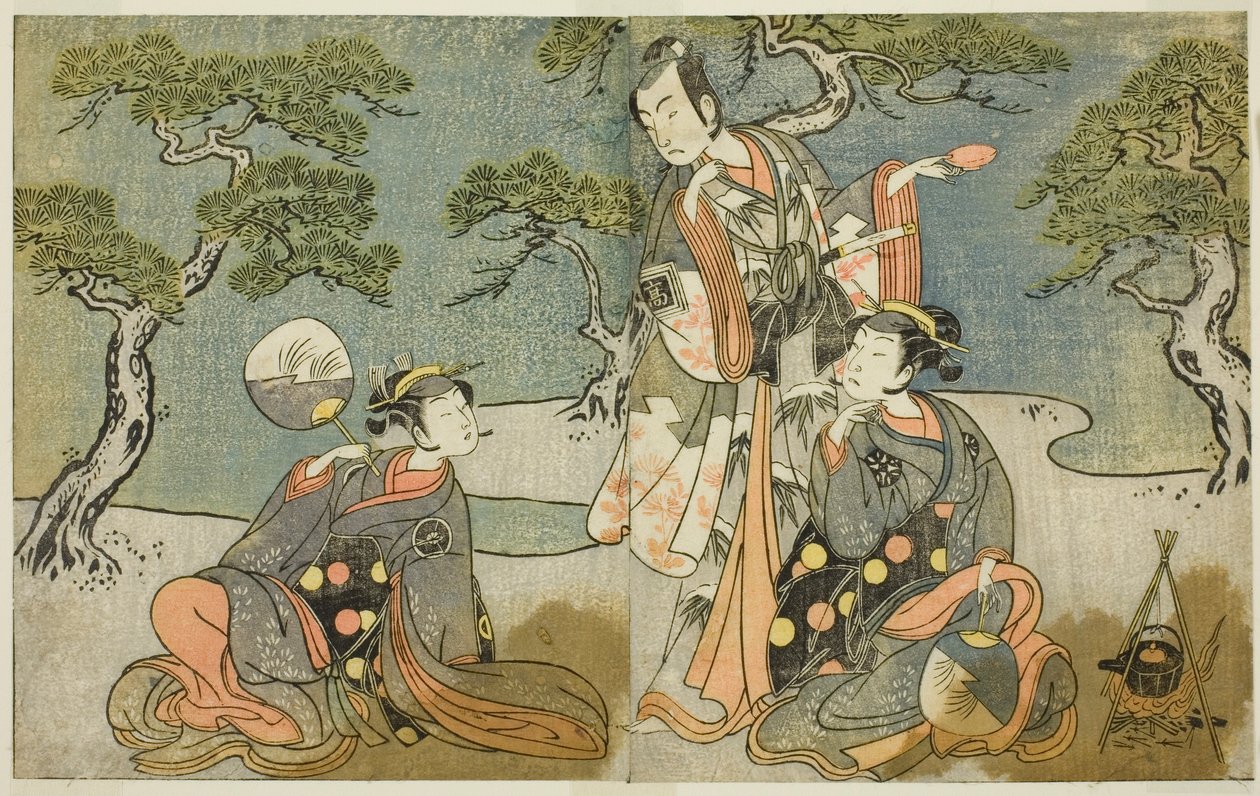 De acteurs Nakamura Nakazo I als Matsukaze (rechts), Ichikawa Komazo II als Ariwara no Yukihira (midden), en Iwai Hanshiro IV als Murasame (links), in het stuk Kuni no Hana Ono no Itsumoji, uitgevoerd in het Nakamura Theater in de elfde maand, 1771 door Katsukawa Shunsho