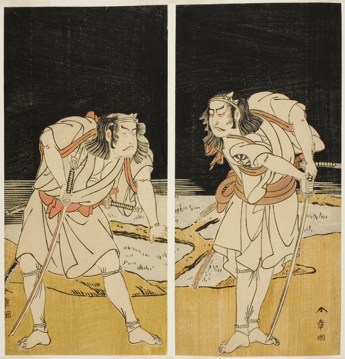 De Acteurs Nakamura Nakazo I als Omi no Kotoda (rechts), en Otani Hiroji III als Bamba no Chuda (links), in de Joruri "Sono Chidori Yowa no Kamisuki" (De Plevieren: Haar Kammen om Middernacht), uit Deel Twee van het Toneelstuk O-atsurae-zome Soga no Hinaga door Katsukawa Shunsho