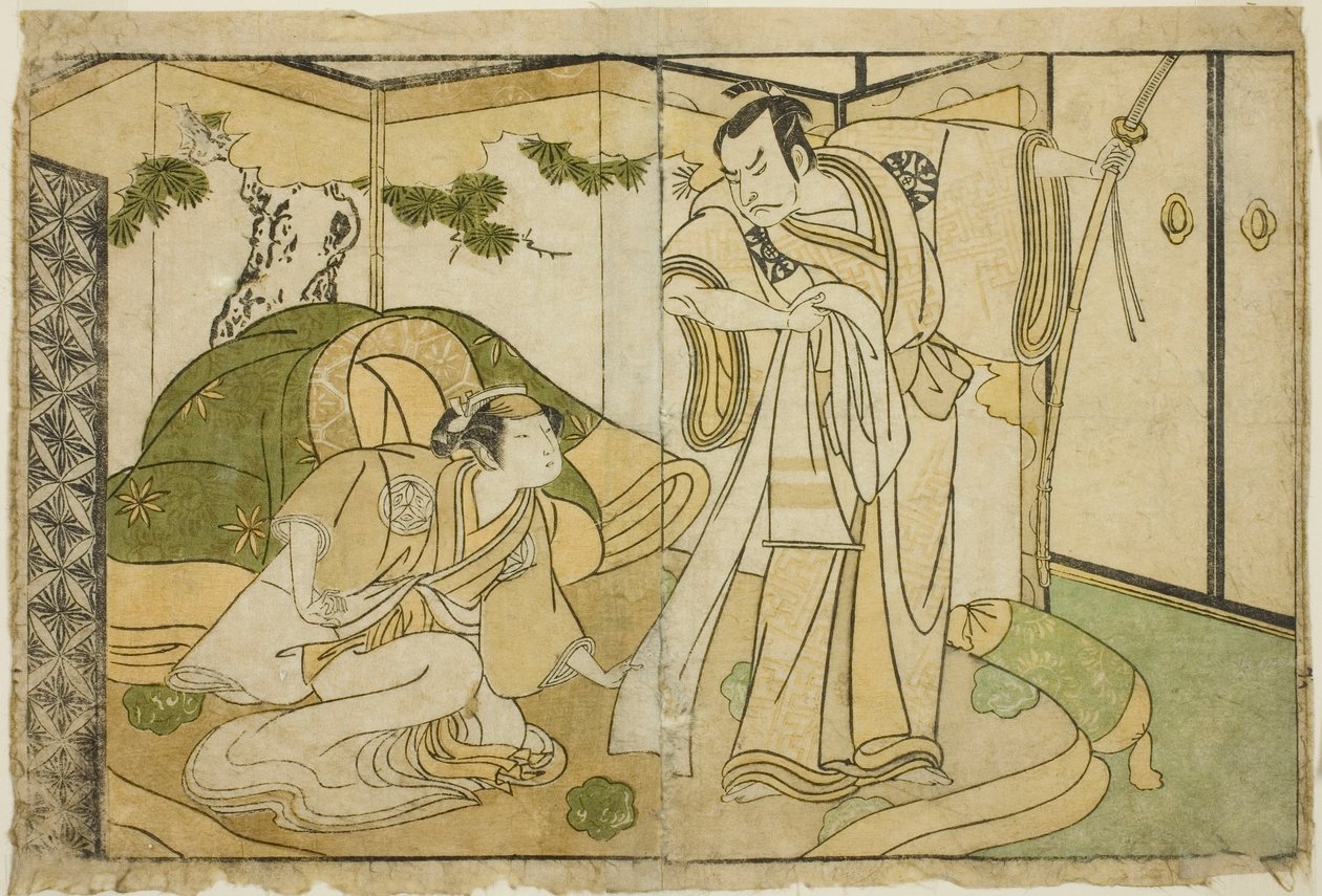 De acteurs Nakamura Nakazo I als Taira no Kiyomori (rechts), en Yamashita Kinsaku II als Tokiwa Gozen (links), in het stuk Nue no Mori Ichiyo no Mato, uitgevoerd in het Nakamura Theater in de elfde maand, 1770 door Katsukawa Shunsho