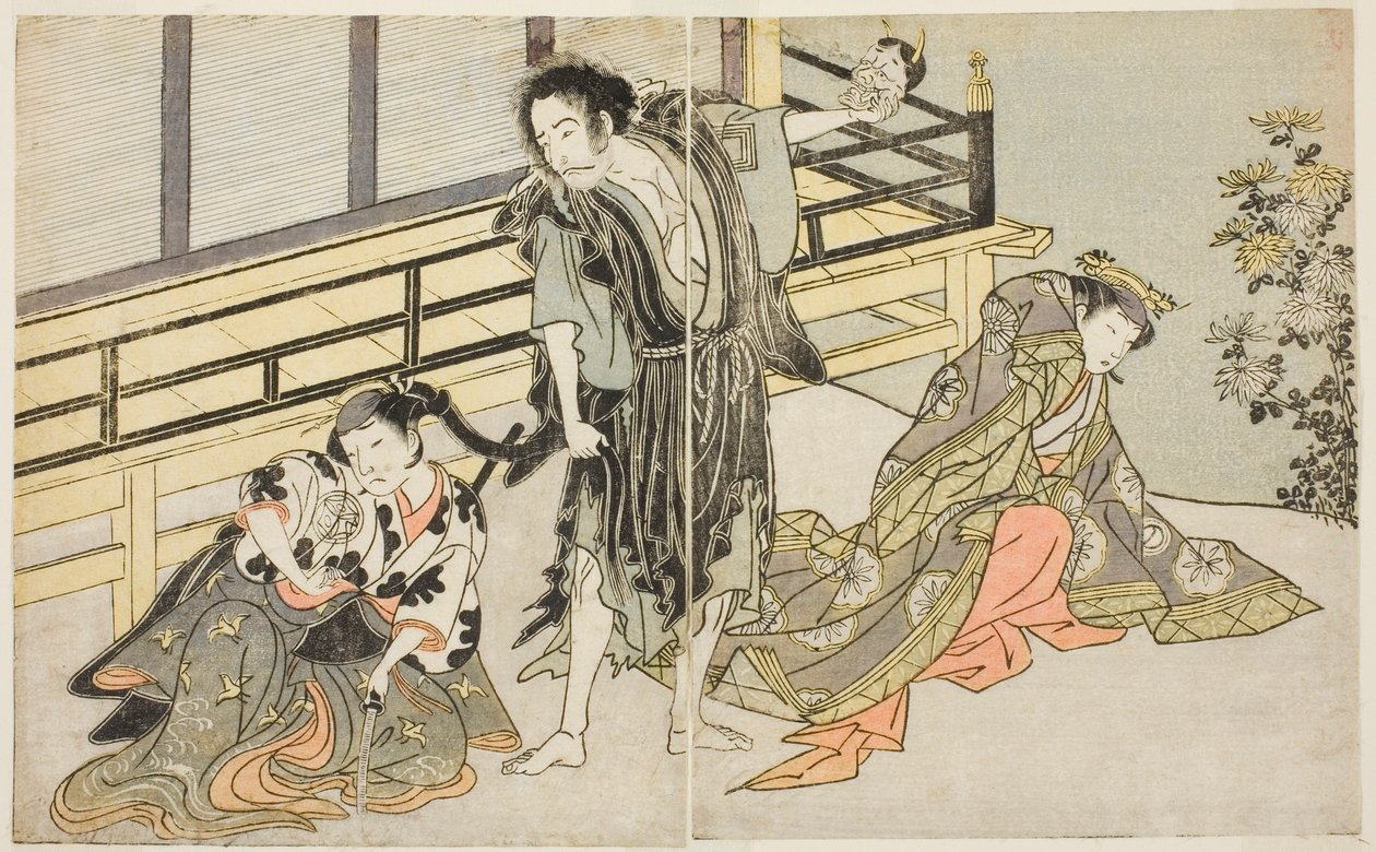 De Acteurs Nakamura Noshio I als Nyosan no Miya (rechts), Ichikawa Danjuro V als de Afvallige Monnik Yochin (midden), en Yamashita Kinsaku II als de Dienstmeid Mutsuhana (links), in het stuk Fuki Kaete Tsuki mo Yoshiwara, opgevoerd in het Morita Theater in door Katsukawa Shunsho