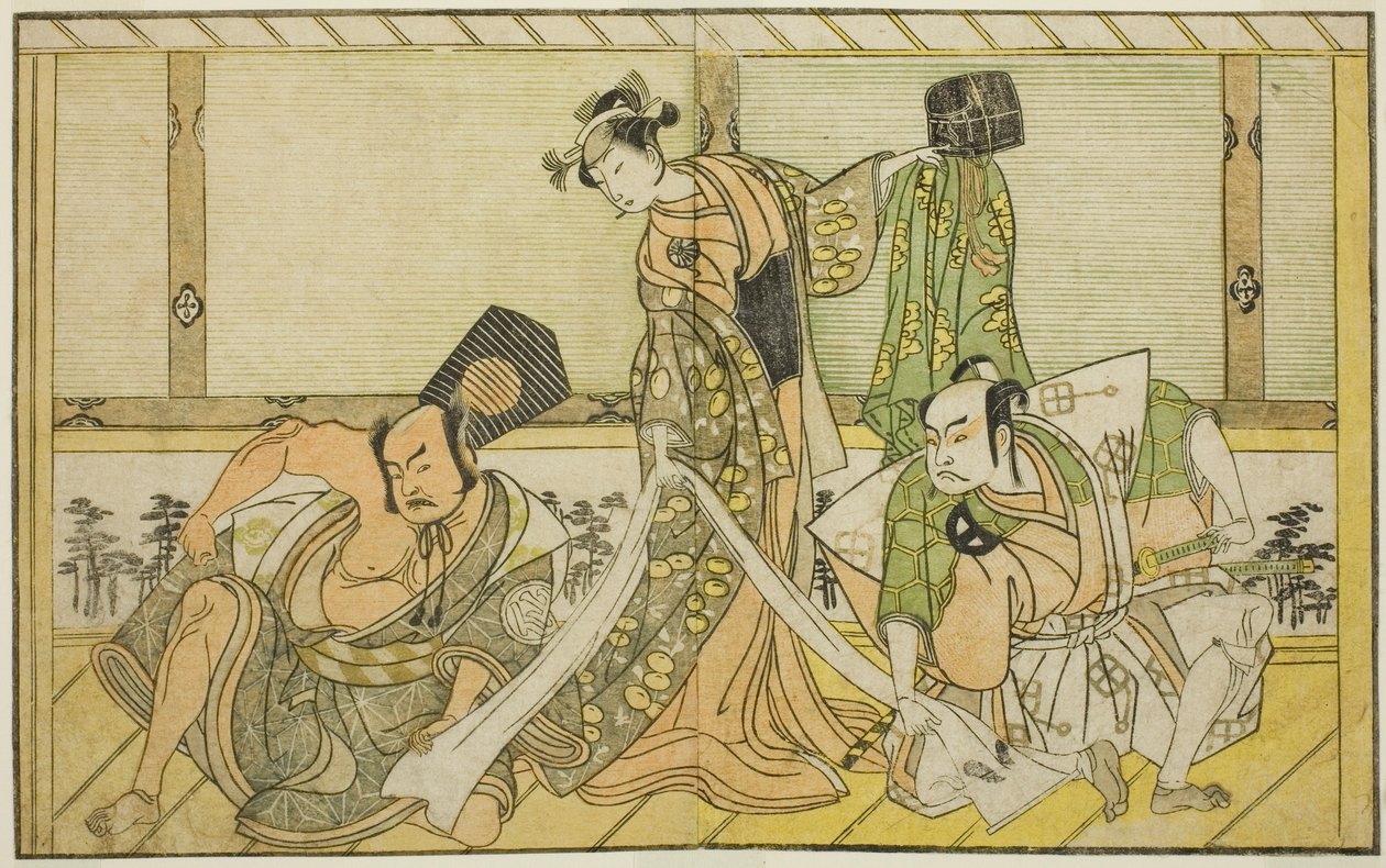 De Acteurs Otani Hiroji III als Kawazu no Saburo (rechts), Segawa Kikunojo II als Prinses Tatsu (Tatsu Hime) (midden), en Nakamura Sukegoro II als Matano no Goro (links), in het Toneelstuk Myoto-giku Izu no Kisewata, Uitgevoerd in het Ichimura Theater in d door Katsukawa Shunsho
