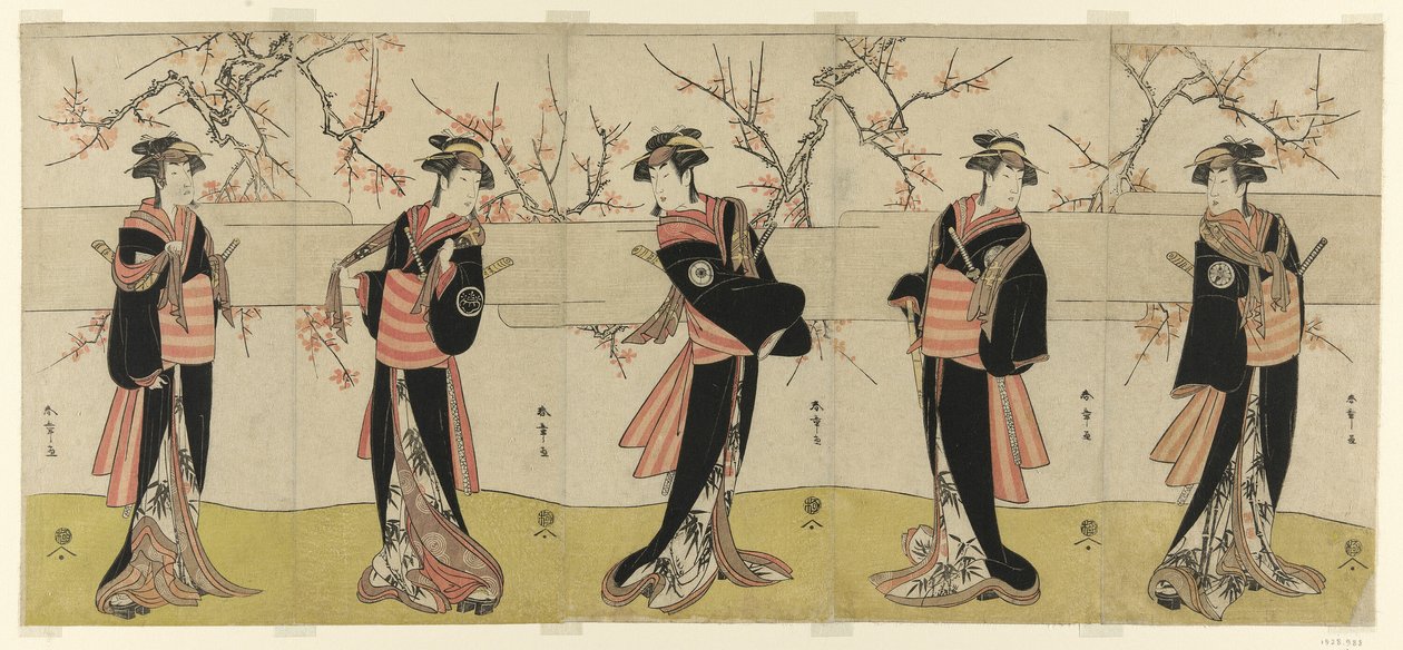 De acteurs Segawa Kikunojo III als Karigane Obun, Nakayama Tomisaburo I als An no Oyasu, Iwai Kiyotaro II als Kaminari no Osha, Nakayama Tatezo I als Gokuin no Osen, en Ichikawa Monnosuke II als Hotei no Oichi (van rechts naar links), in "Gonin Onna," scèn door Katsukawa Shunsho