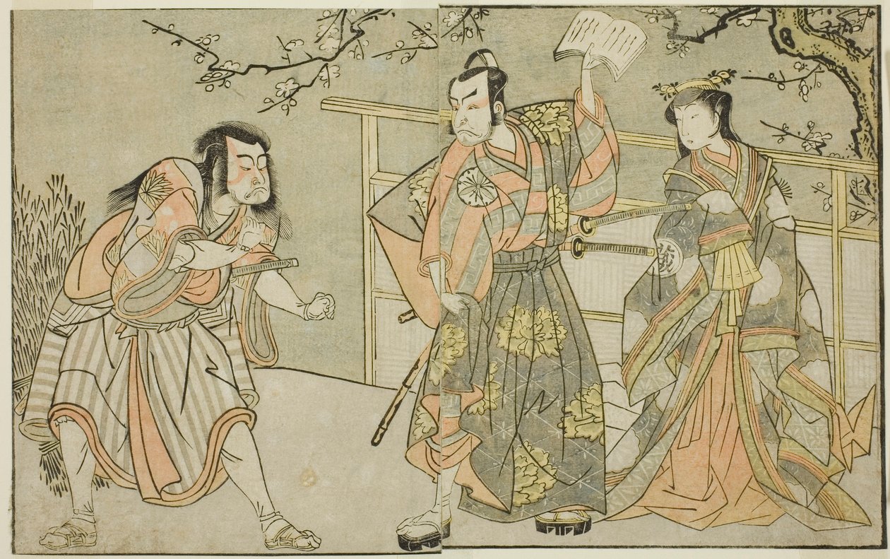 De Acteurs Yamashita Yaozo I als Ono no Komachi (rechts), Matsumoto Koshiro II als Godai Saburo (midden), en Ichikawa Danzo III als Otomo no Kuronushi (links), in het stuk "Kuni no Hana Ono no Itsumoji," opgevoerd in het Nakamura Theater in de elfde maand door Katsukawa Shunsho
