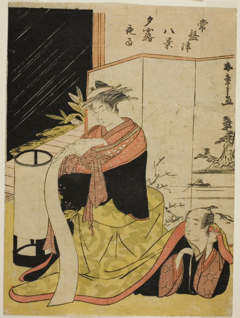 De courtisane Yugiri en haar minnaar Fujiya Izaemon, uit de serie "Tokiwazu Hakkei" door Katsukawa Shunsho