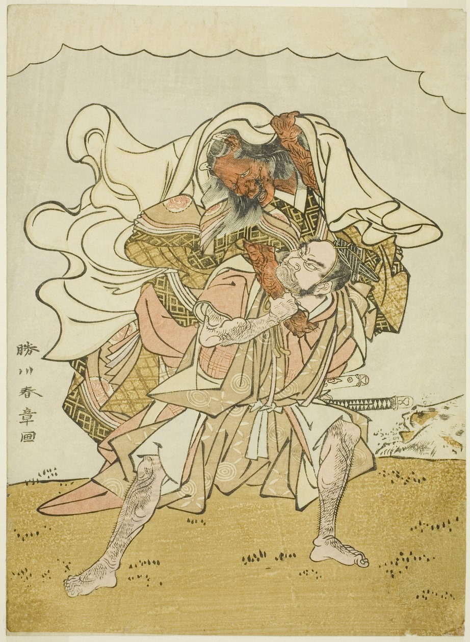 De krijger Omori Hikoshichi die een vrouwelijke demon op zijn rug draagt door Katsukawa Shunsho