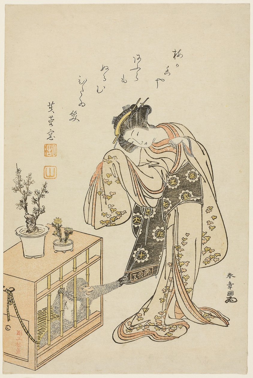 Jonge vrouw met gekooide aap (Kalenderprent voor Nieuwjaar 1776) door Katsukawa Shunsho