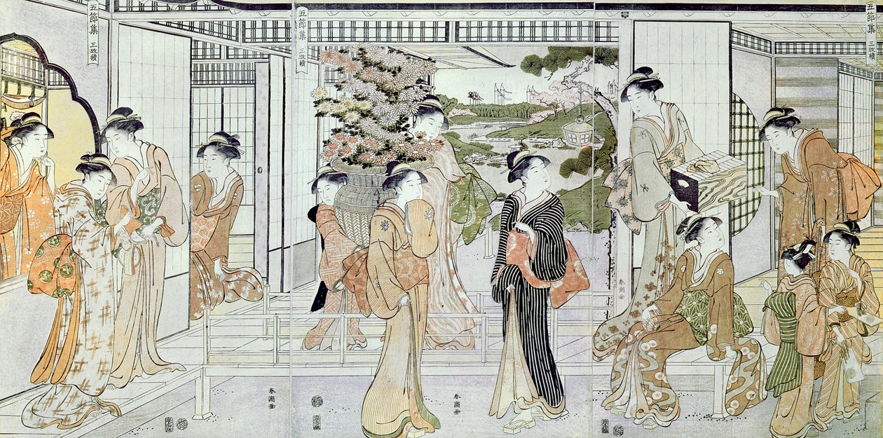 Jonge Vrouwen met een Mand Chrysanten door Katsukawa Shunsho