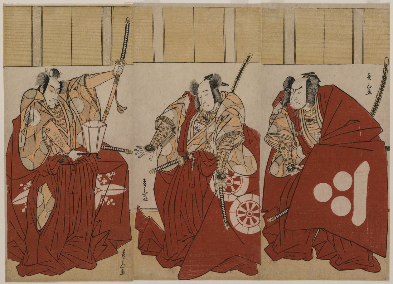 Ichikawa Monnosuke II als Urabe Suetake, Onoe Matsusuke I als Usui Sadamitsu, en Nakamura Nakazo I als Watanabe no Tsuna in De Vier Hemelse Koningen Gekostumeerd als de Nachtwacht door Katsukawa Shunzan