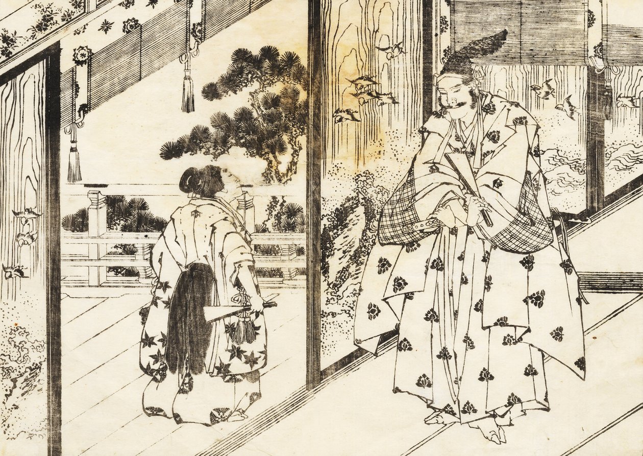 Een goed opgeleide jongen toont respect voor een oudere man door Katsushika Hokusai