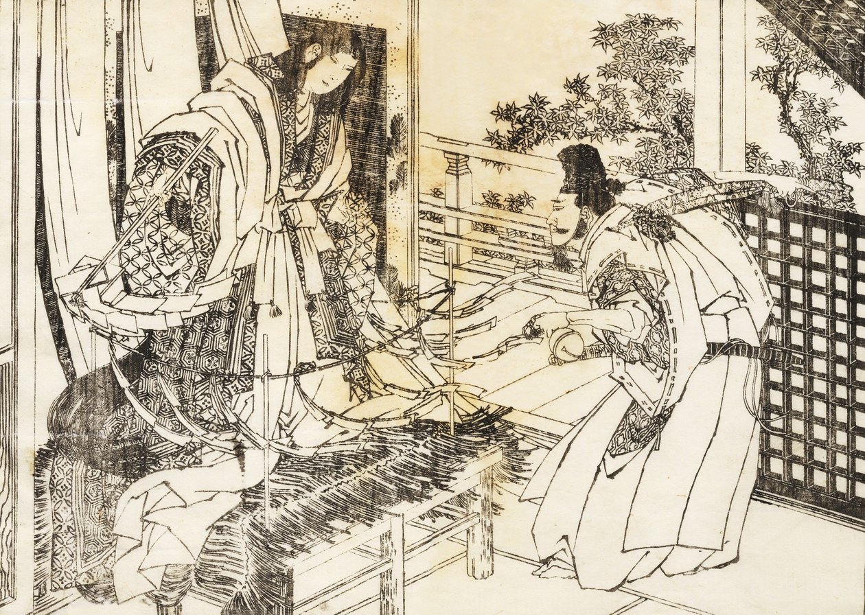 Een vrouw in een shinto-schrijn heeft een stok met veel papieren bladeren door Katsushika Hokusai