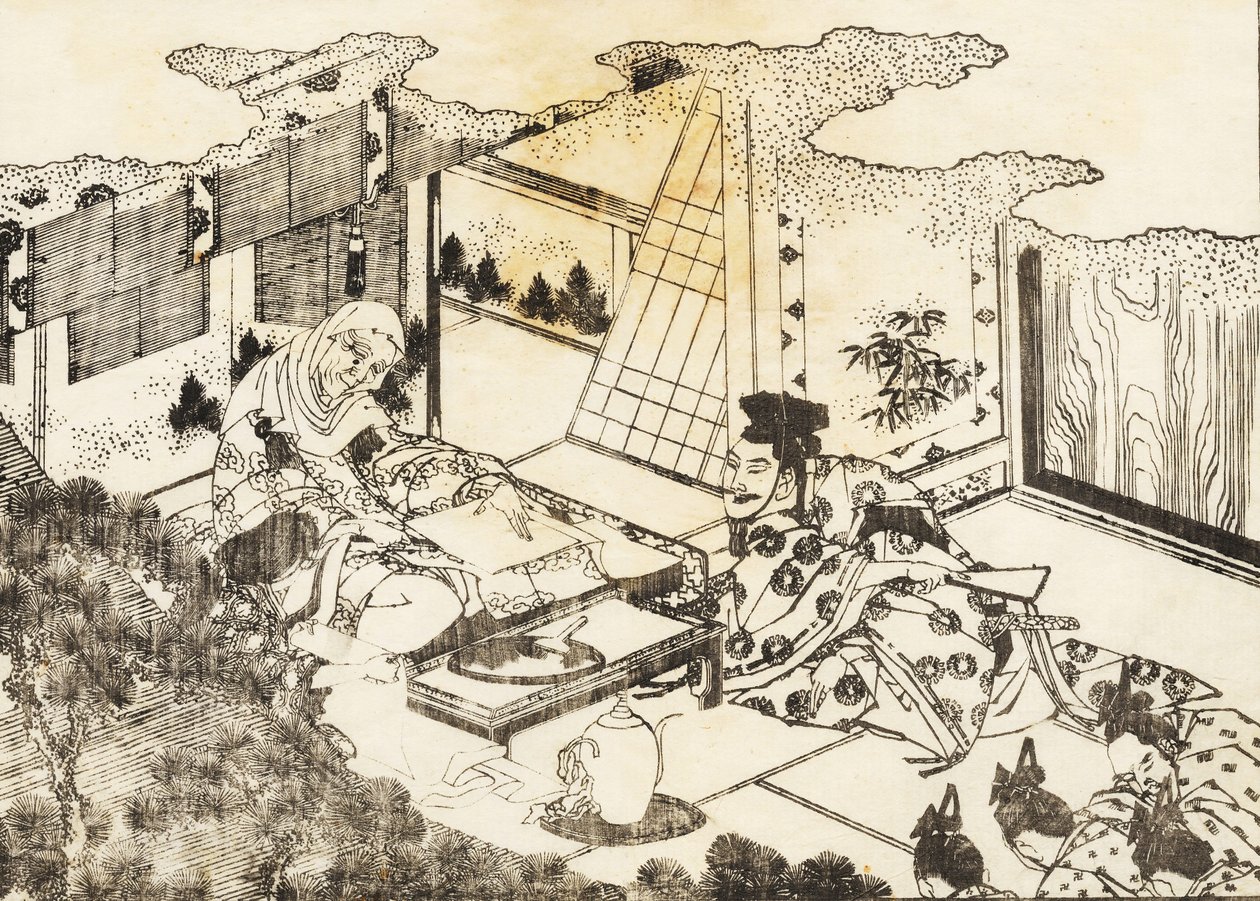 Een oude vrouw, misschien een boeddhistische non, zit en een jonge vrouw leest iets voor aan haar door Katsushika Hokusai