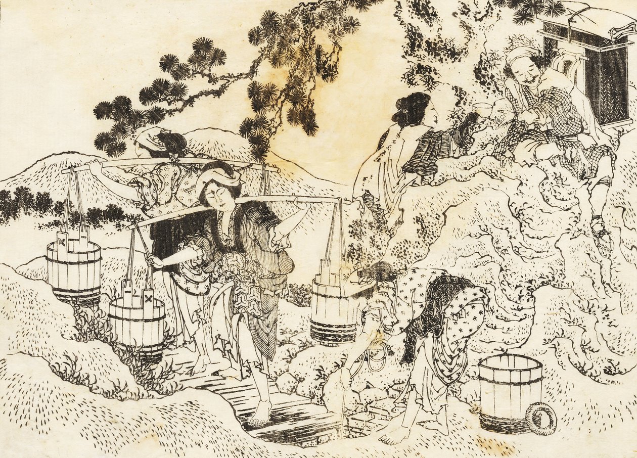 Vier vrouwen werken heel hard en dragen vaten water door Katsushika Hokusai