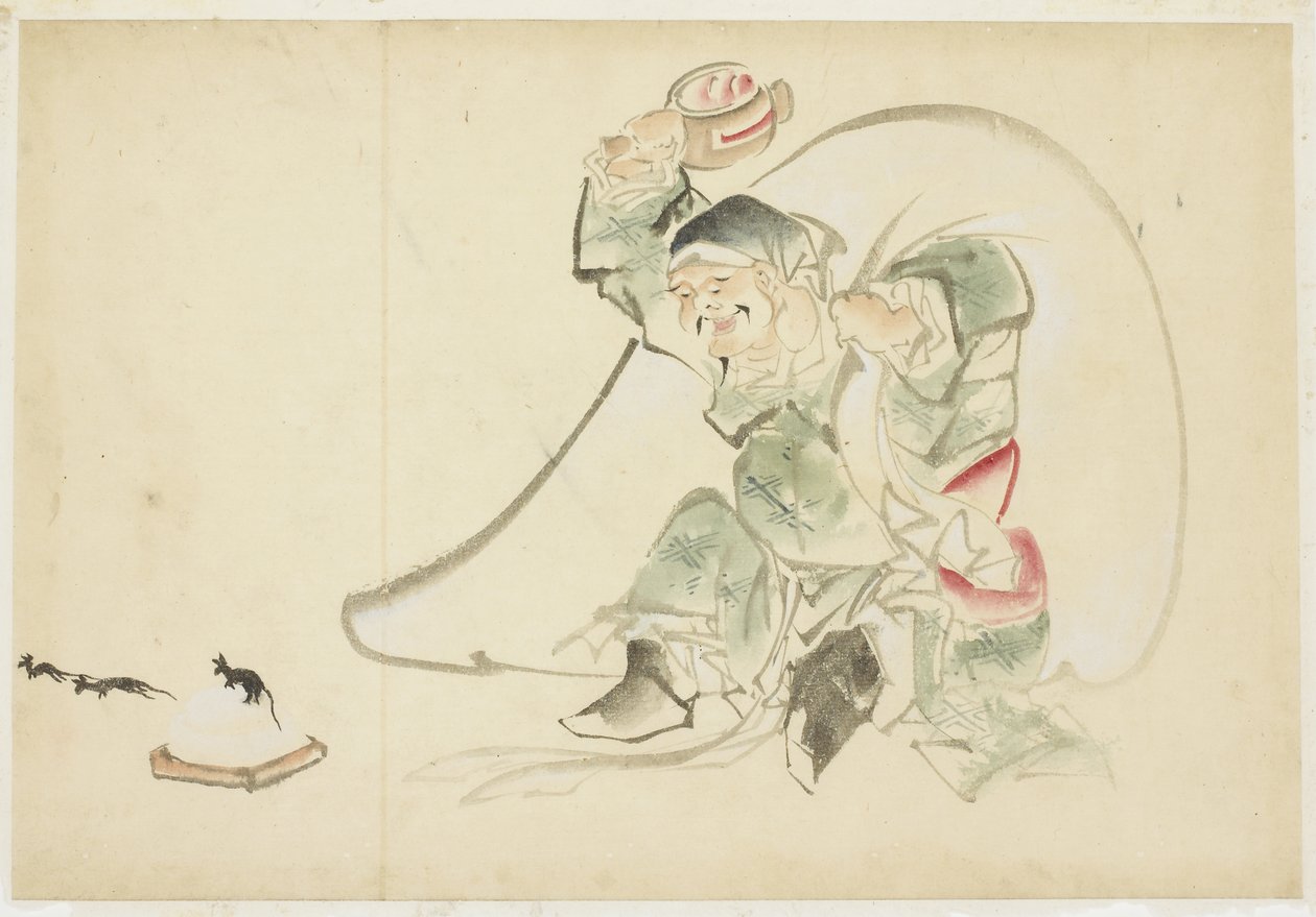 Daikoku, God van Geluk, met zijn Magische Hamer door Katsushika (school of) Hokusai