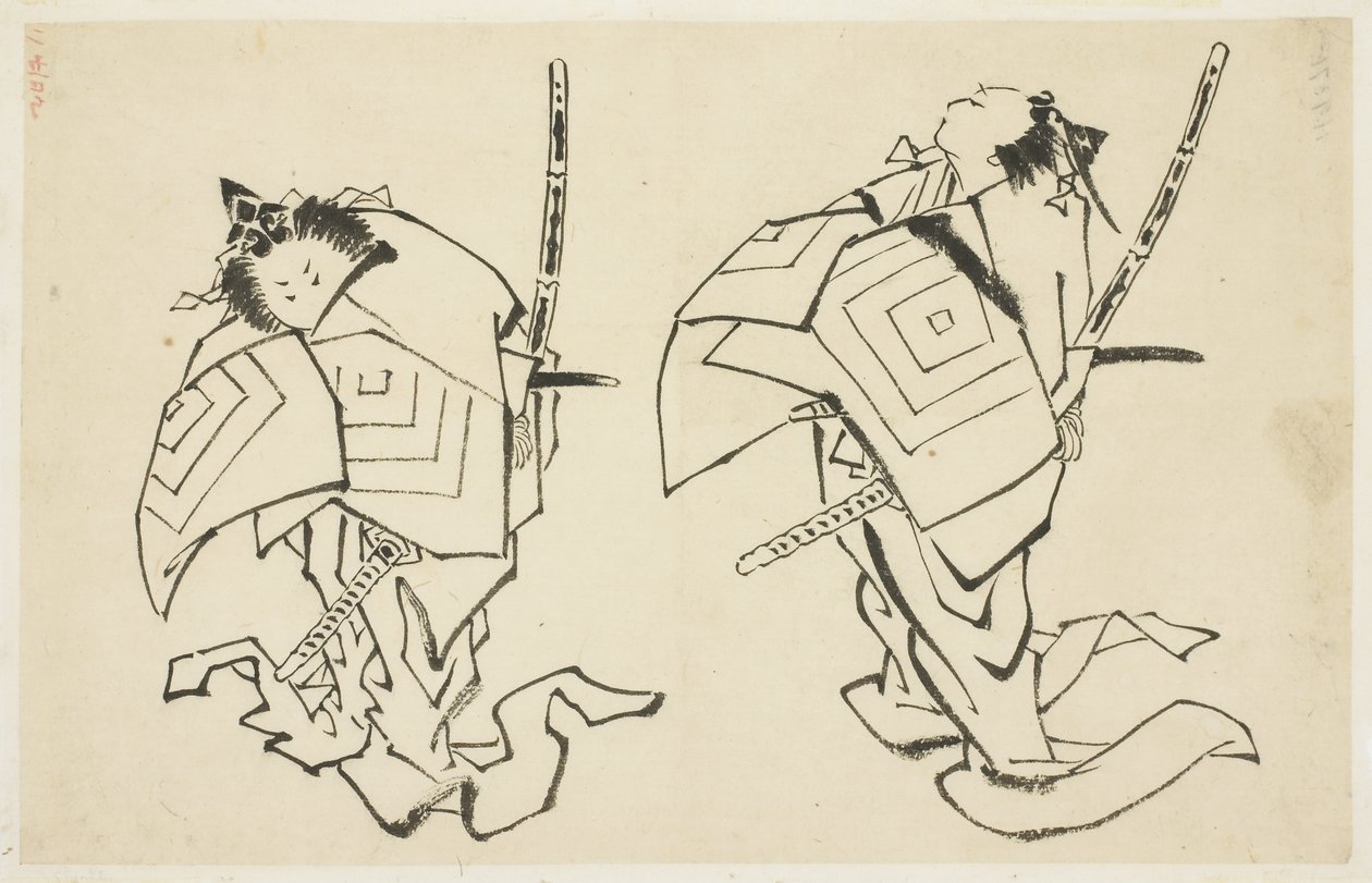 Danjuro V of VI, Kabuki Acteur, in Arigoto Rol (twee studies), ca. 1815-1849 door Katsushika (school of) Hokusai