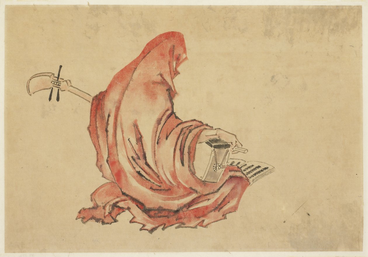 Daruma die een Shamisen Speelt door Katsushika (school of) Hokusai