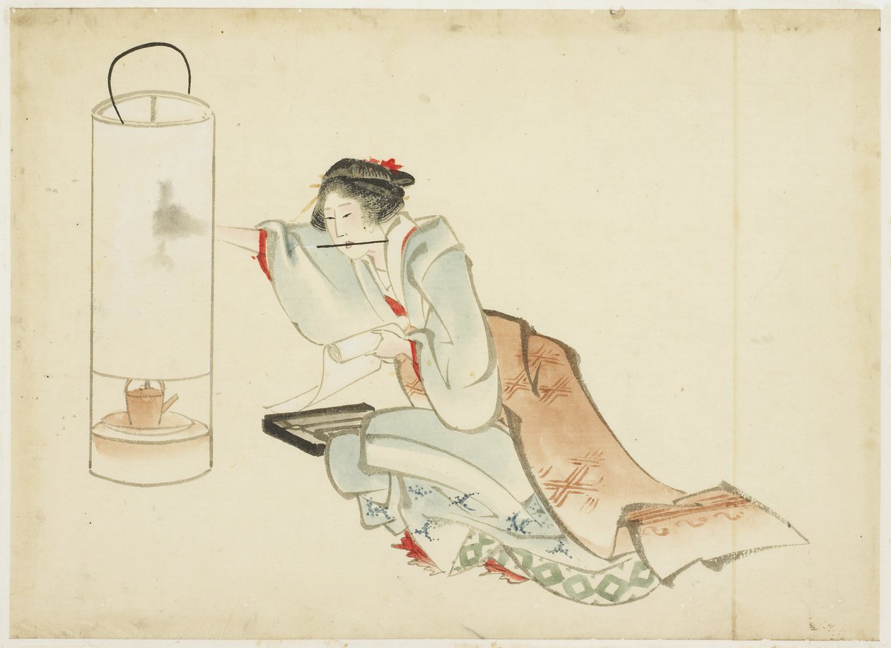 Dame die een Lamp Aanpast door Katsushika (school of) Hokusai
