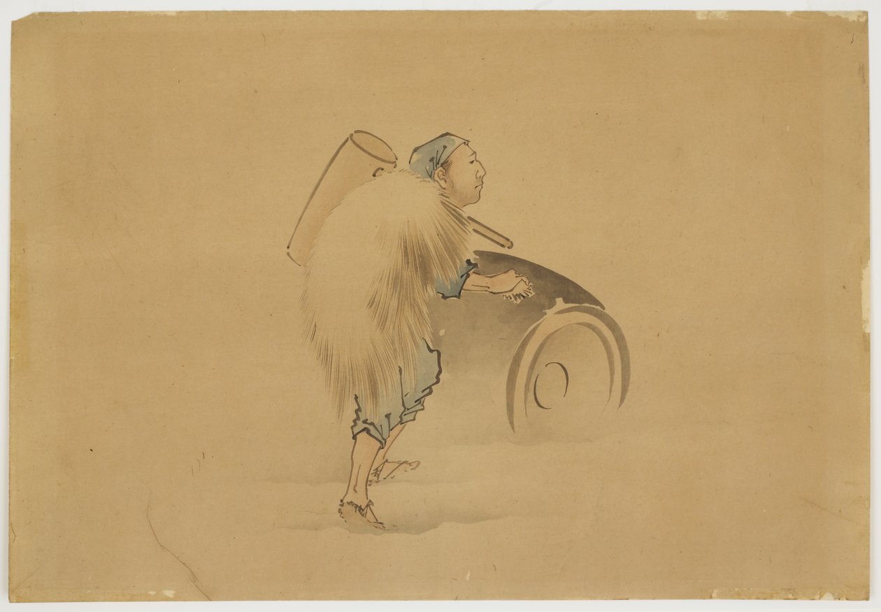Man met Hamer die Vat Rolt, ca. 1850 door Katsushika (school of) Hokusai