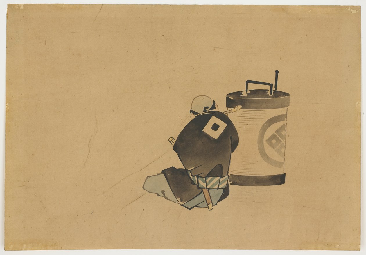 Zittende bediende die rookt bij een lamp, ca. 1850 door Katsushika (school of) Hokusai