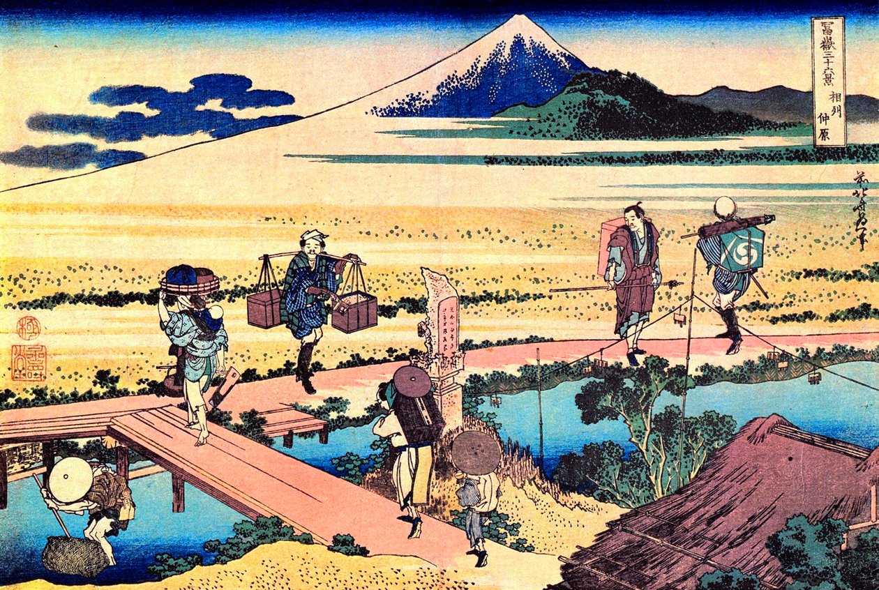 36 uitzichten op de berg Fuji, Japan: uitzicht op Nakahara in de provincie Sagami, Japan door Katsushika Hokusai