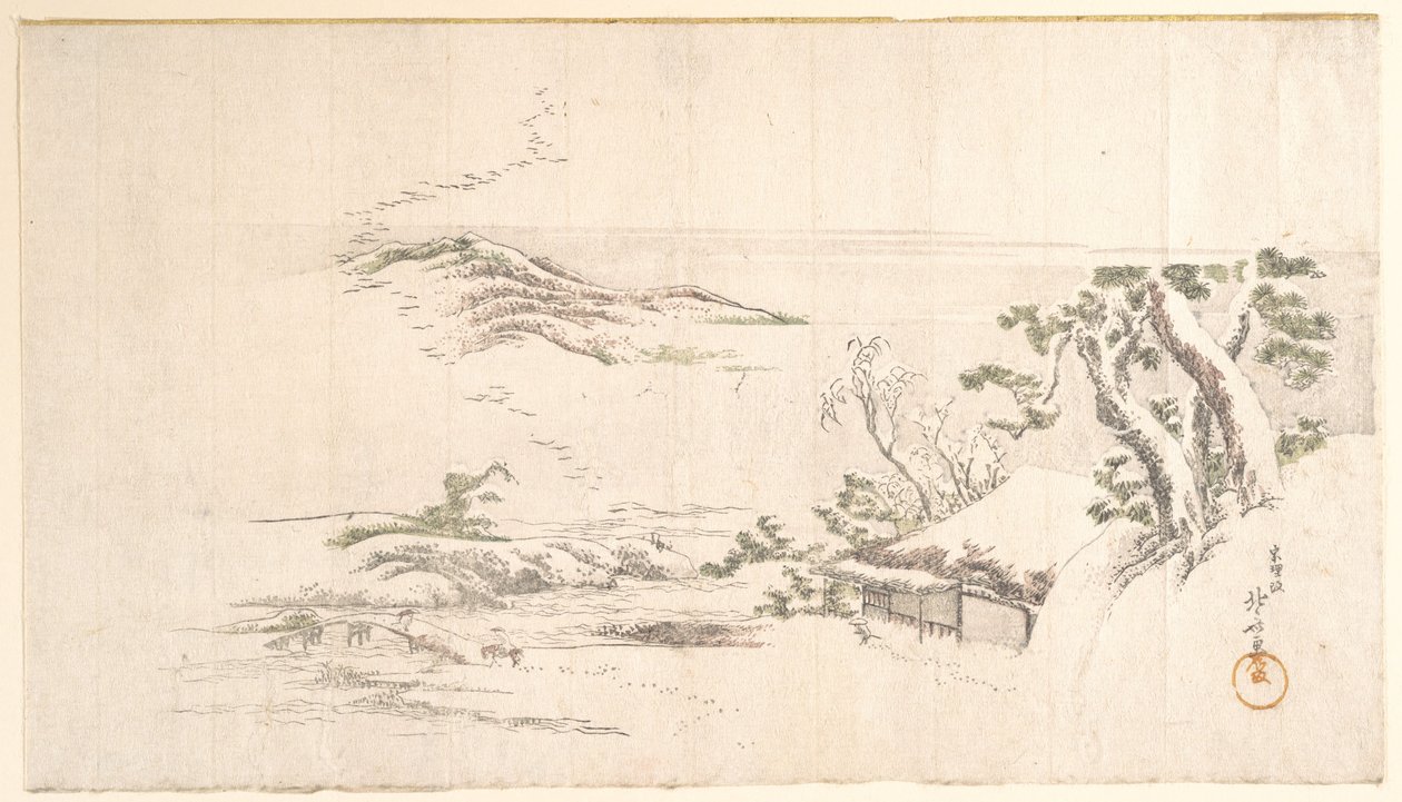 Een met sneeuw bedekt landschap met grijze wolken door Katsushika Hokusai