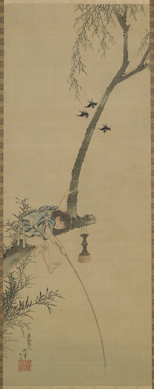 Een jongen die vist vanaf een tak van een boom, Edo-periode door Katsushika Hokusai