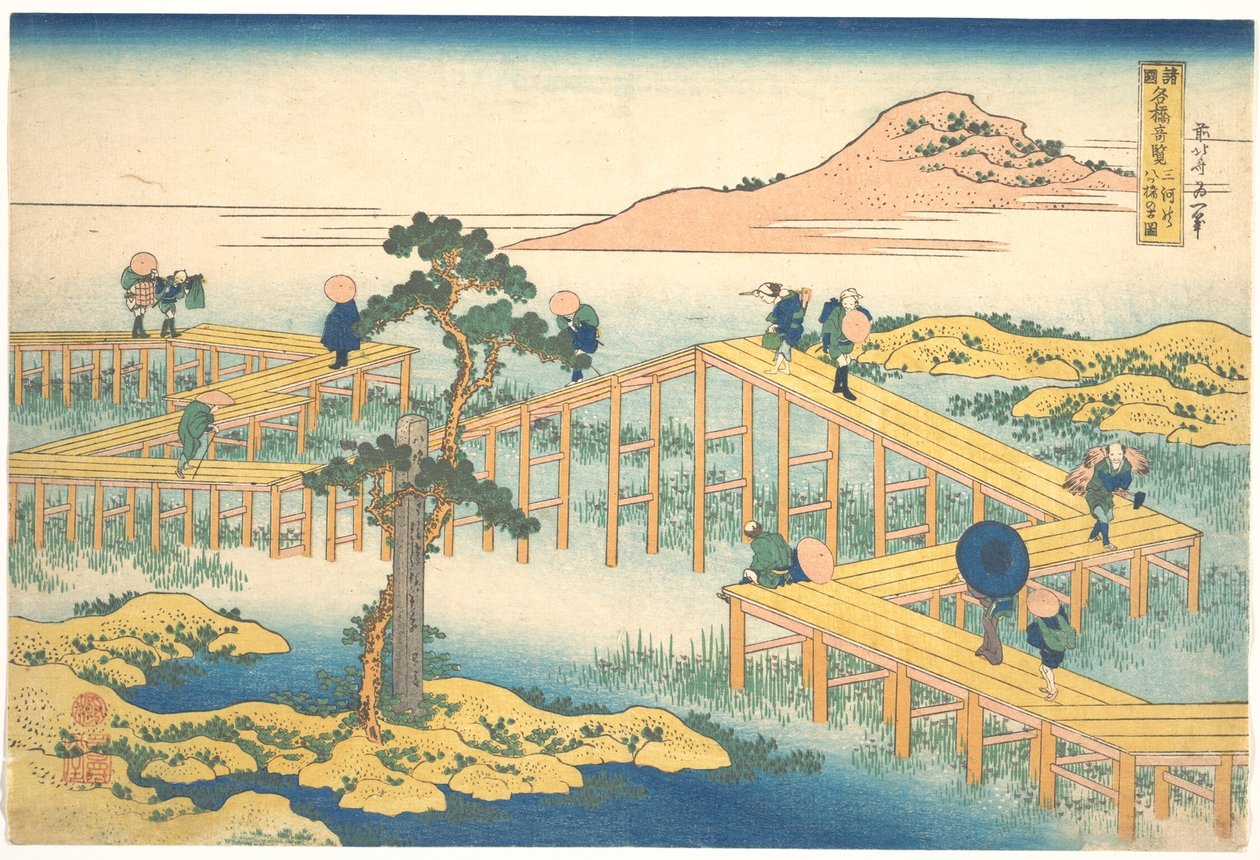 Oude afbeelding van Yatsuhashi in de provincie Mikawa (Mikawa no Yatsuhashi no kozu), uit de serie „Opmerkelijke uitzichten op bruggen in verschillende provincies“ (Shokoku meikyō kiran) door Katsushika Hokusai