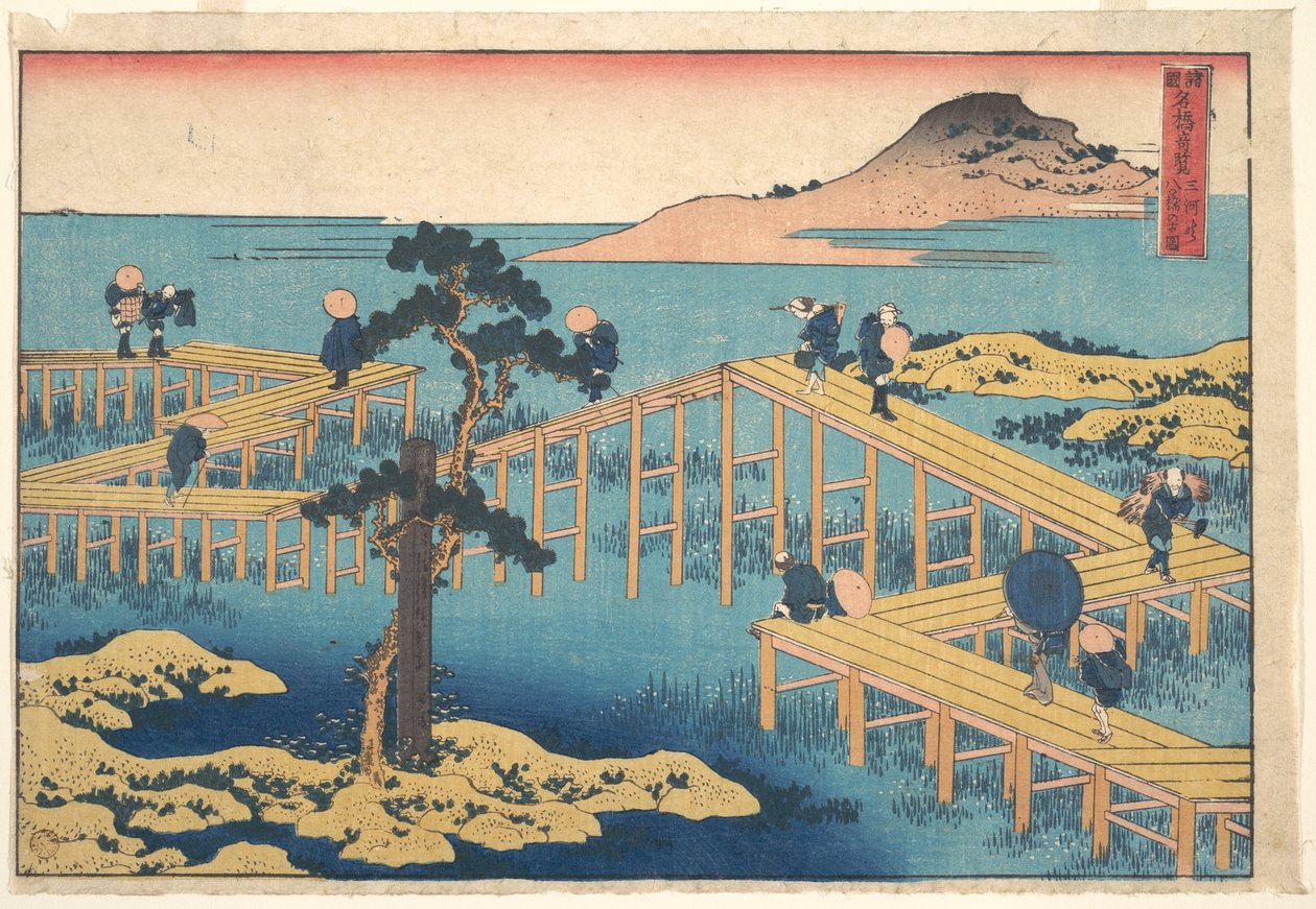 Oude afbeelding van Yatsuhashi in de provincie Mikawa (Mikawa no Yatsuhashi no kozu), uit de serie „Opmerkelijke uitzichten op bruggen in verschillende provincies“ (Shokoku meikyō kiran) door Katsushika Hokusai
