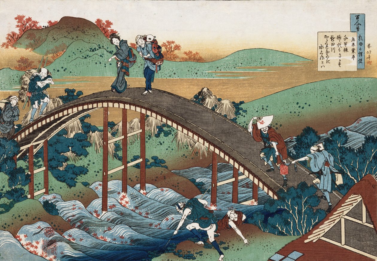 Herfstbladeren aan de Tsutaya Rivier, uit de serie "Honderd Gedichten zoals Verteld door de Verpleegster" door Katsushika Hokusai