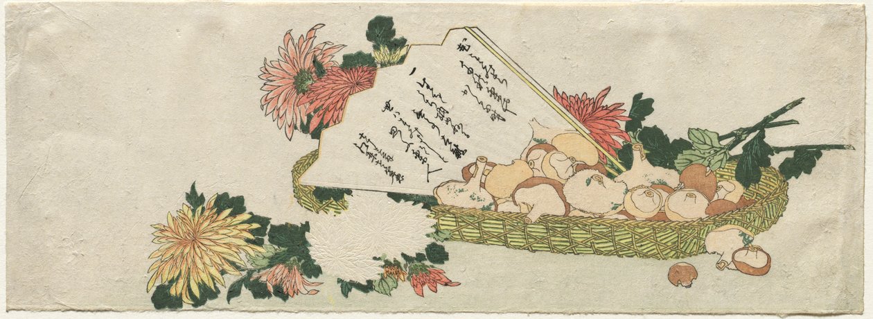 Mand met waaier, chrysanten en paddenstoelen door Katsushika Hokusai
