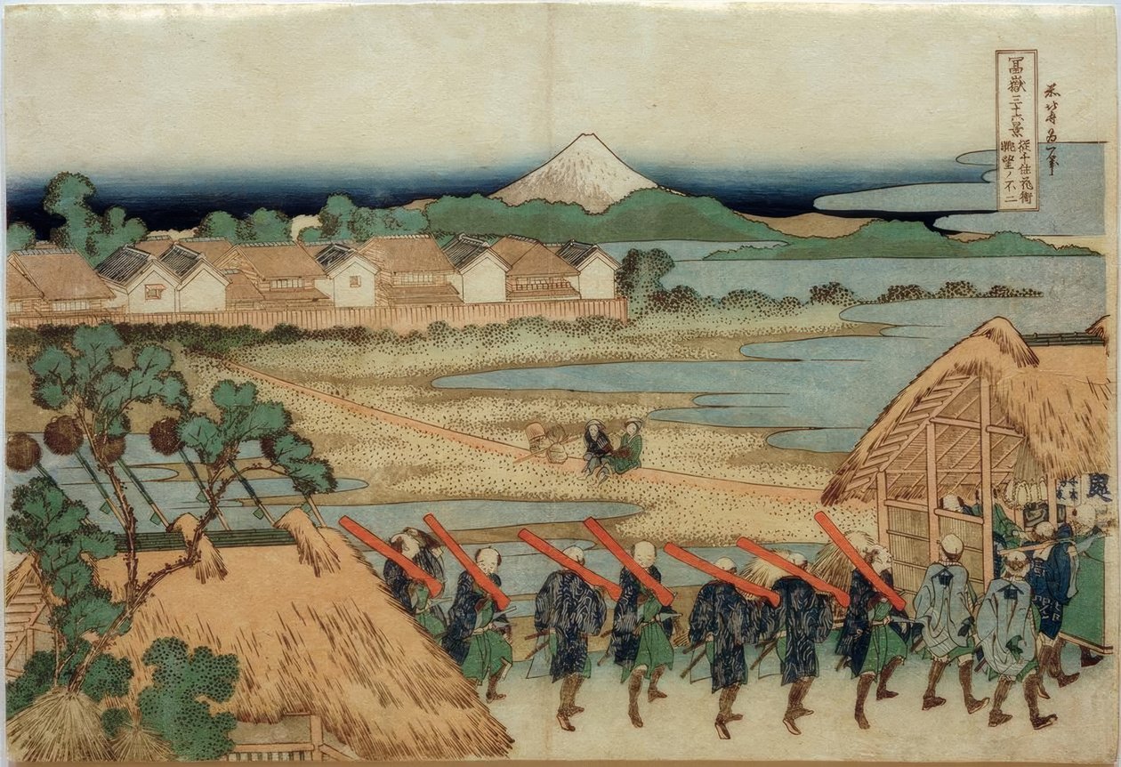 Berg Fuji, gezien vanaf Senju en het amusementsdistrict door Katsushika Hokusai