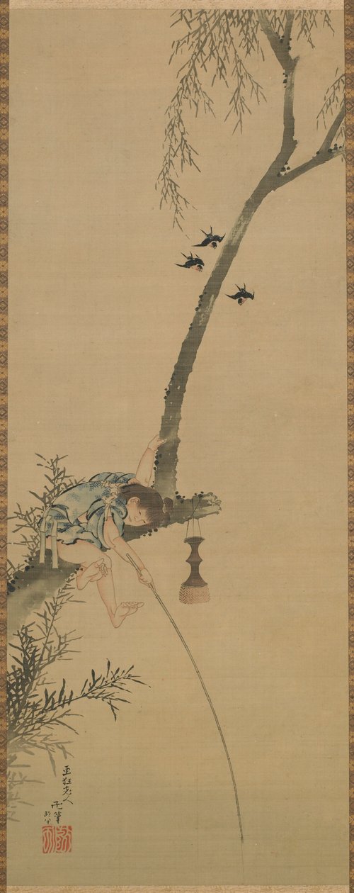 Jongen die vist vanaf een tak van een boom, Edo-periode, 1839 door Katsushika Hokusai