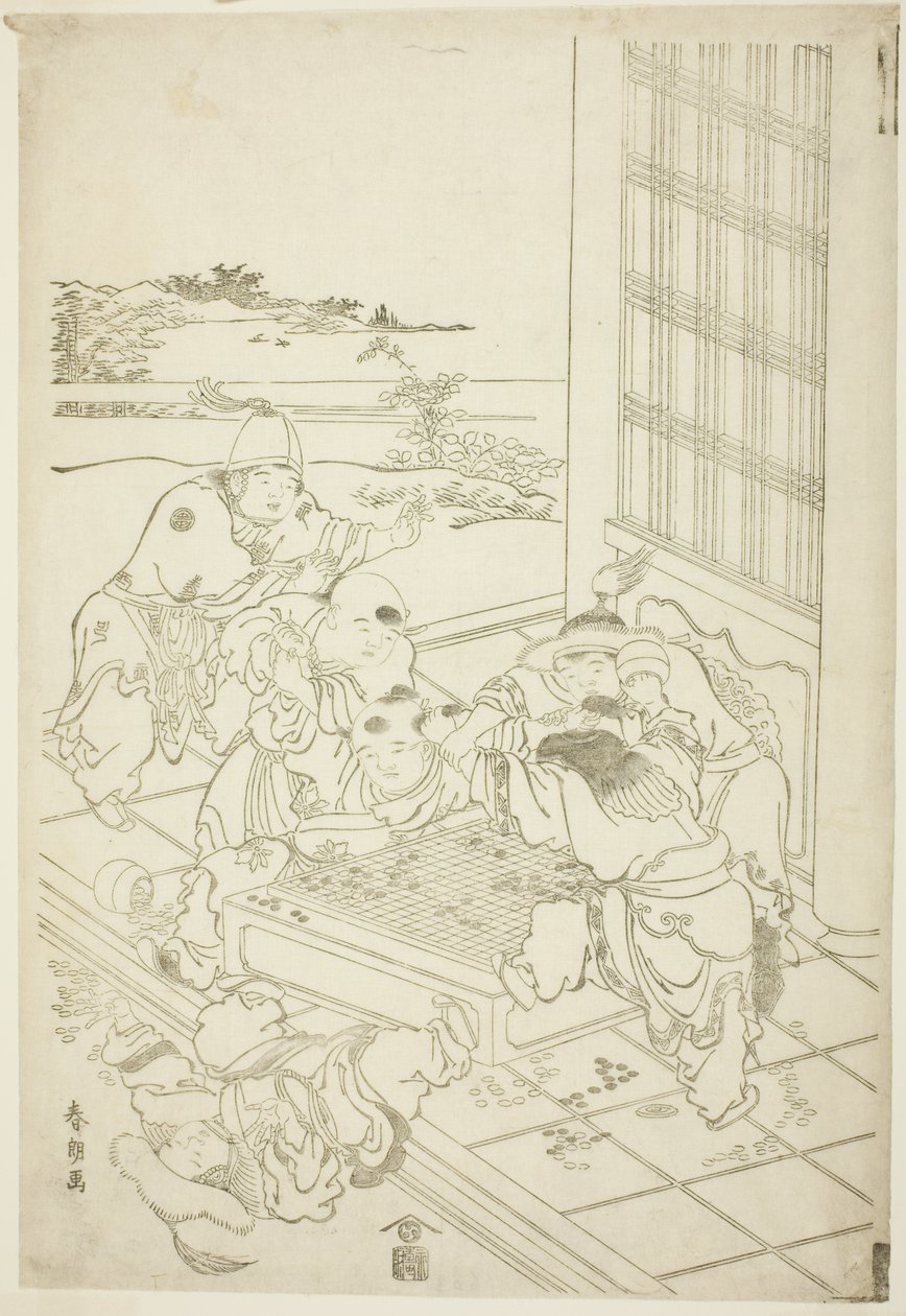 Chinese en Tataarse jongens ruziën over een spel Go door Katsushika Hokusai