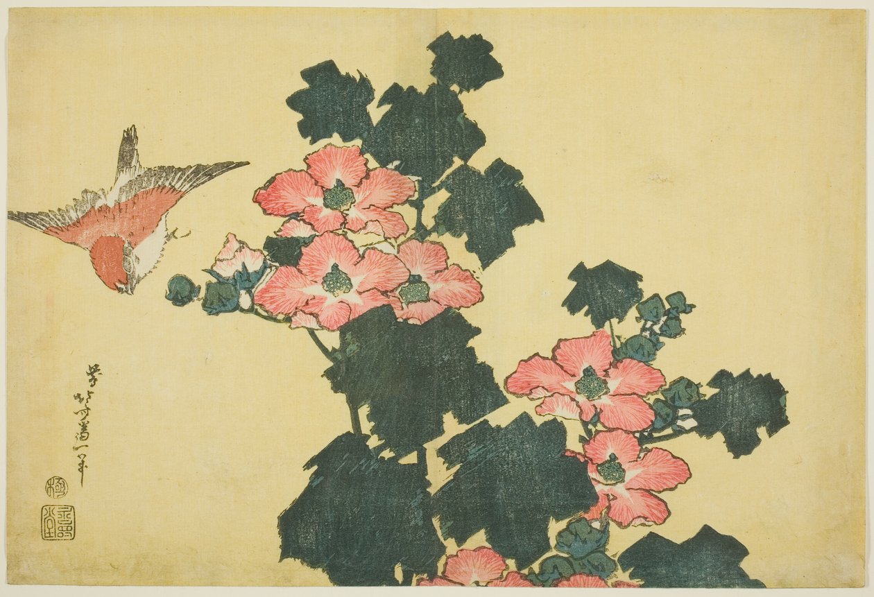 Katoenrozen en Mus, uit een ongetitelde serie van Grote Bloemen door Katsushika Hokusai