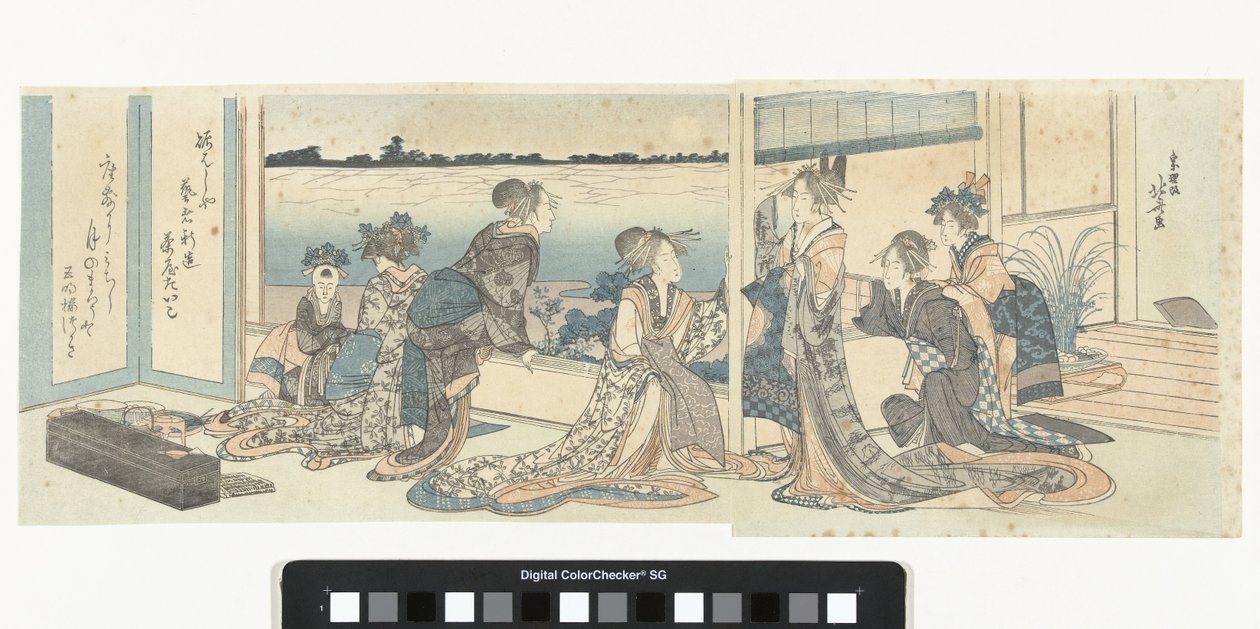 Courtisanes kijkend naar de herfstmaan door Katsushika Hokusai