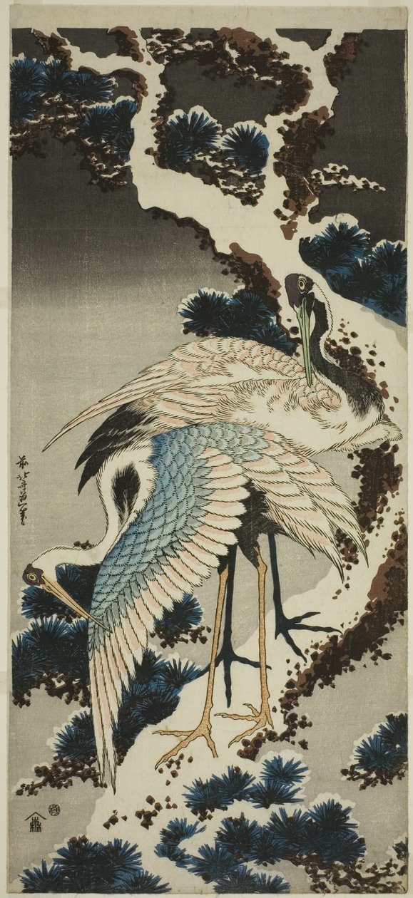 Kraanvogels op met Sneeuw Bedekte Pijnboom door Katsushika Hokusai
