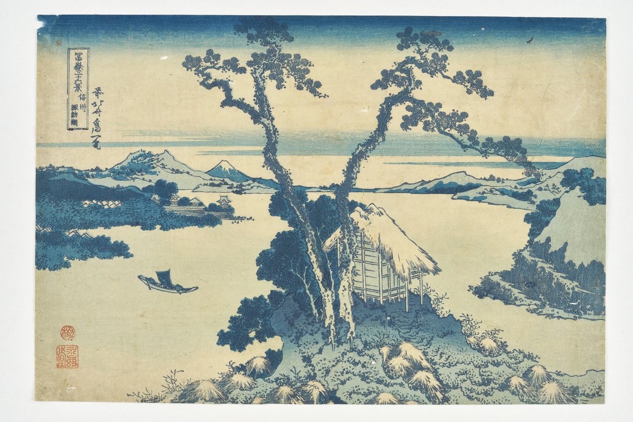 Het Suwa-meer in de provincie Shinshū uit de serie »36 gezichten op de berg Fuji« door Katsushika Hokusai
