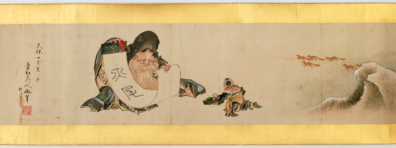 Handrol met diverse afbeeldingen, Edo-periode, 1839 inkt en kleur op papier (detail) door Katsushika Hokusai