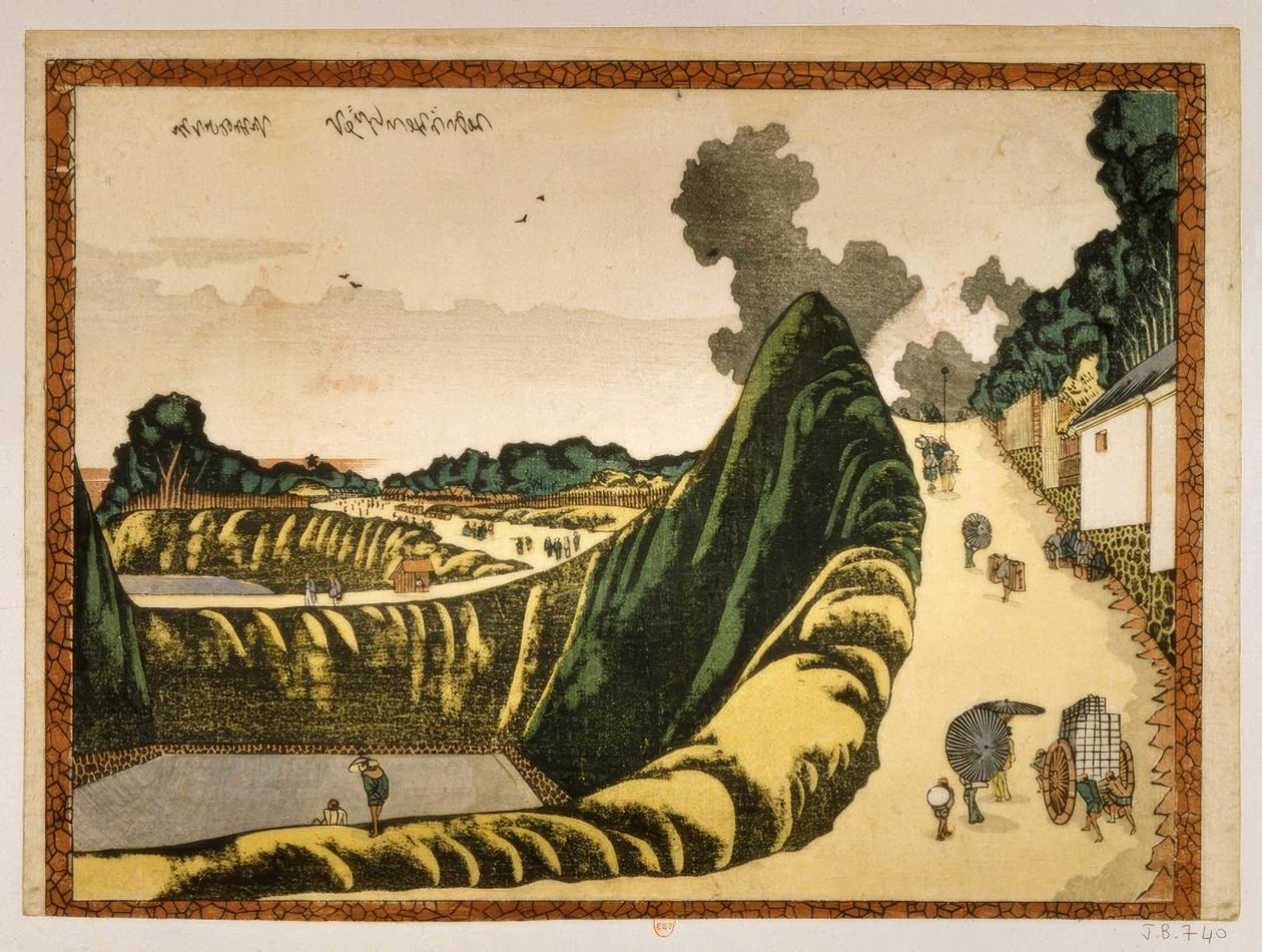 Dorp aan de weg van Ushigafuchi naar Kudan door Katsushika Hokusai