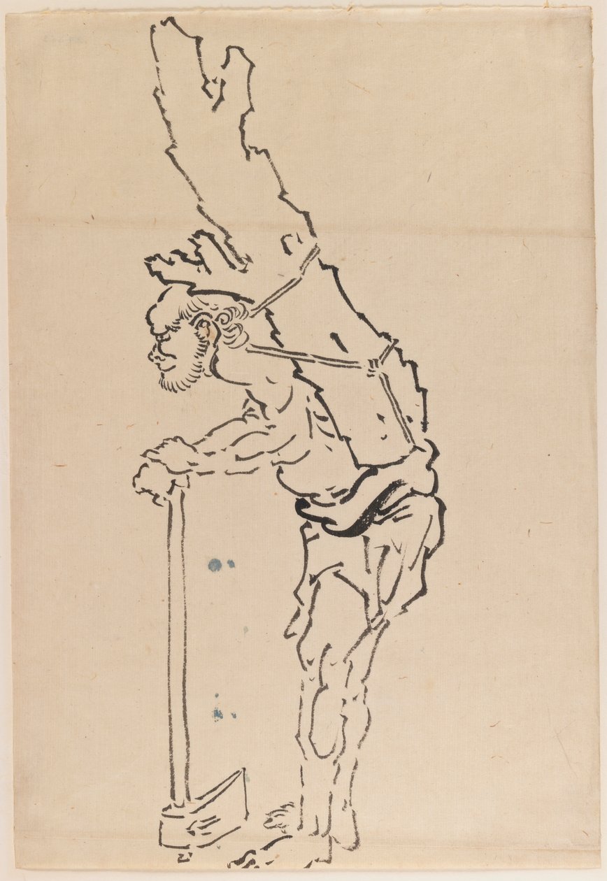 Tekening van een man rustend op een bijl en een deel van een boomstam op zijn rug dragend door Katsushika Hokusai